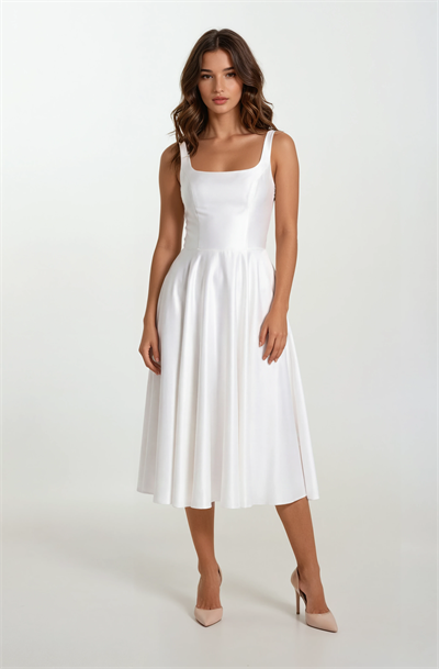 Nema Sırtı Çapraz Bağlamalı U Yaka Midi Abiye Elbise EKRU