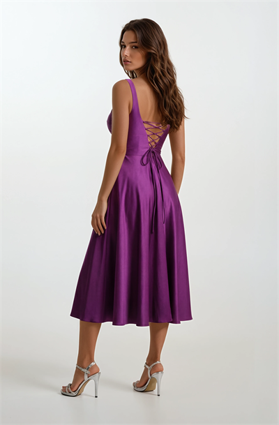 Nema Sırtı Çapraz Bağlamalı U Yaka Midi Abiye Elbise MOR