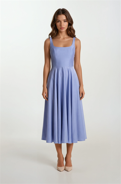 Nema Sırtı Çapraz Bağlamalı U Yaka Midi Abiye Elbise İNDİGO