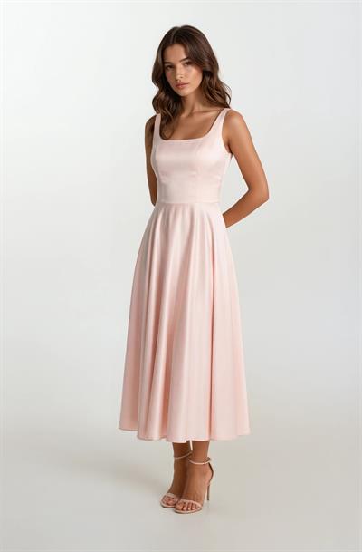 Nema Sırtı Çapraz Bağlamalı U Yaka Midi Abiye Elbise PUDRA