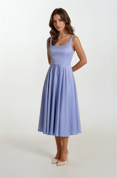 Nema Sırtı Çapraz Bağlamalı U Yaka Midi Abiye Elbise İNDİGO