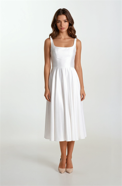 Nema Sırtı Çapraz Bağlamalı U Yaka Midi Abiye Elbise EKRU