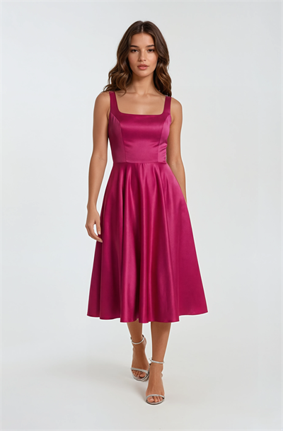 Nema Sırtı Çapraz Bağlamalı U Yaka Midi Abiye Elbise FUŞYA