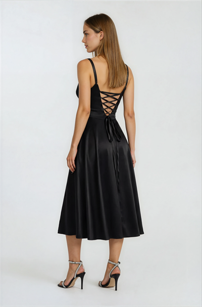 Nema Sırtı Çapraz Bağlamalı U Yaka Midi Abiye Elbise SİYAH