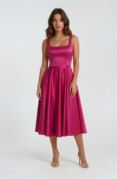 Nema Sırtı Çapraz Bağlamalı U Yaka Midi Abiye Elbise FUŞYA