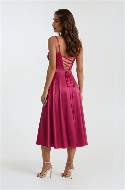 Nema Sırtı Çapraz Bağlamalı U Yaka Midi Abiye Elbise FUŞYA