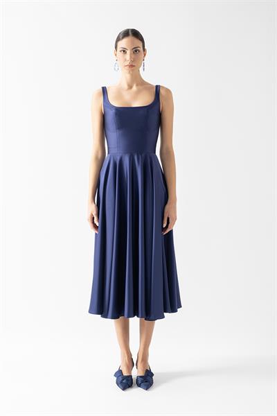 Nema Sırtı Çapraz Bağlamalı U Yaka Midi Abiye Elbise LACİVERT