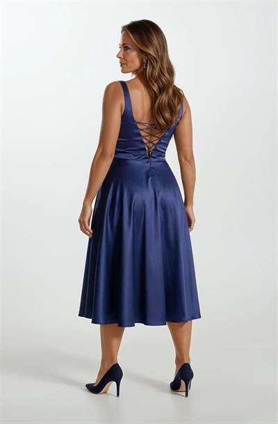 Nema Sırtı Çapraz Bağlamalı U Yaka Midi Abiye Elbise LACİVERT