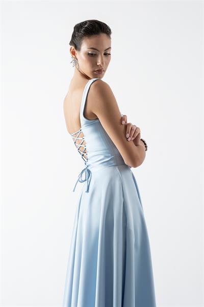 Nema Sırtı Çapraz Bağlamalı U Yaka Midi Abiye Elbise MAVİ