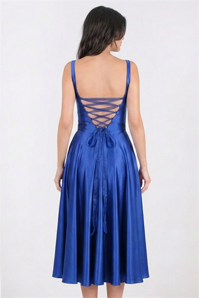 Nema Sırtı Çapraz Bağlamalı U Yaka Midi Abiye Elbise SAKS