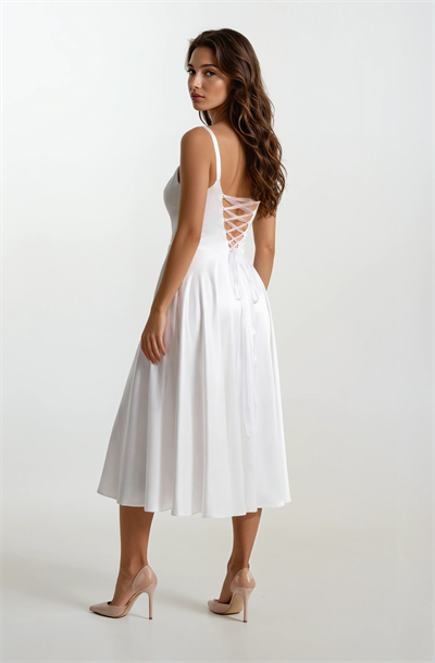 Nema Sırtı Çapraz Bağlamalı U Yaka Midi Abiye Elbise EKRU