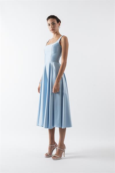 Nema Sırtı Çapraz Bağlamalı U Yaka Midi Abiye Elbise MAVİ