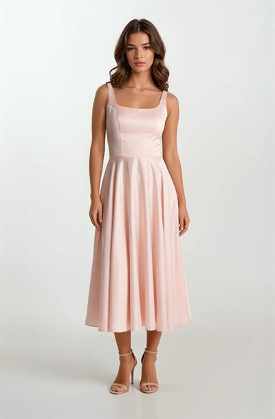 Nema Sırtı Çapraz Bağlamalı U Yaka Midi Abiye Elbise PUDRA