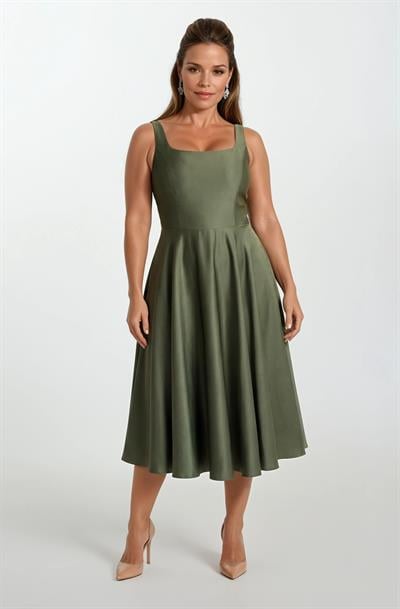 Nema Sırtı Çapraz Bağlamalı U Yaka Midi Abiye Elbise HAKİ