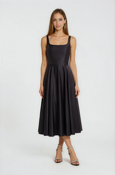 Nema Sırtı Çapraz Bağlamalı U Yaka Midi Abiye Elbise SİYAH