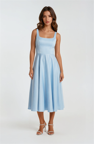 Nema Sırtı Çapraz Bağlamalı U Yaka Midi Abiye Elbise MAVİ