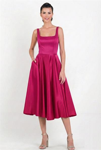 Nema Sırtı Çapraz Bağlamalı U Yaka Midi Abiye Elbise FUŞYA