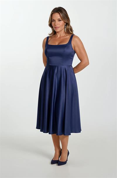 Nema Sırtı Çapraz Bağlamalı U Yaka Midi Abiye Elbise LACİVERT