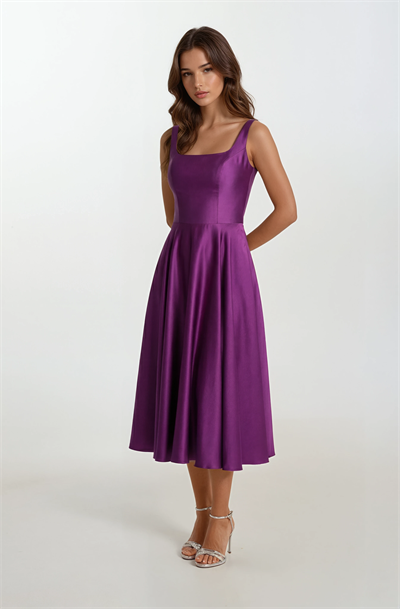 Nema Sırtı Çapraz Bağlamalı U Yaka Midi Abiye Elbise MOR