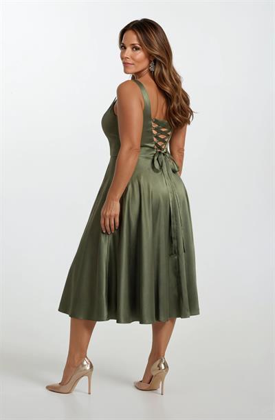 Nema Sırtı Çapraz Bağlamalı U Yaka Midi Abiye Elbise HAKİ