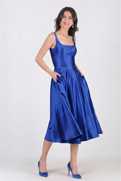 Nema Sırtı Çapraz Bağlamalı U Yaka Midi Abiye Elbise SAKS