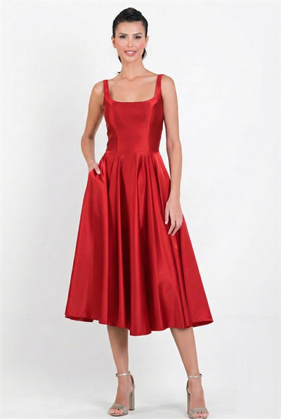 Nema Sırtı Çapraz Bağlamalı U Yaka Midi Abiye Elbise KIRMIZI