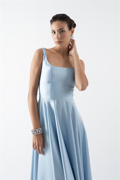 Nema Sırtı Çapraz Bağlamalı U Yaka Midi Abiye Elbise MAVİ