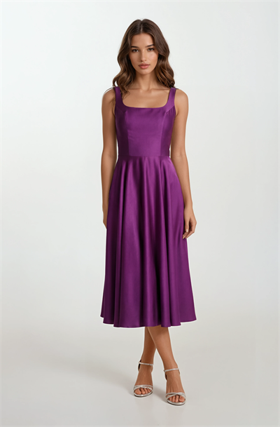 Nema Sırtı Çapraz Bağlamalı U Yaka Midi Abiye Elbise MOR