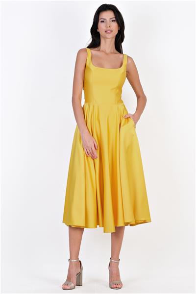 Nema Sırtı Çapraz Bağlamalı U Yaka Midi Abiye Elbise SARI