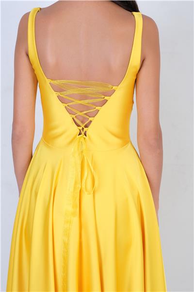 Nema Sırtı Çapraz Bağlamalı U Yaka Midi Abiye Elbise SARI