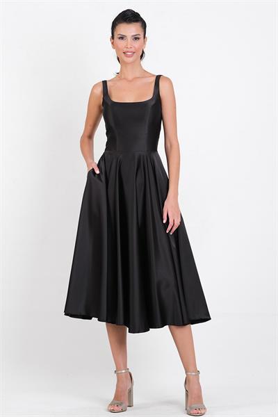 Nema Sırtı Çapraz Bağlamalı U Yaka Midi Abiye Elbise SİYAH