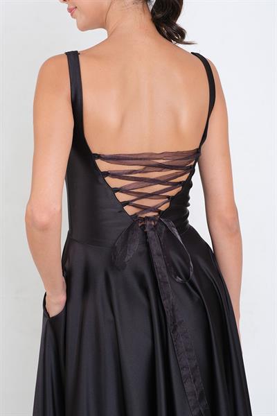 Nema Sırtı Çapraz Bağlamalı U Yaka Midi Abiye Elbise SİYAH