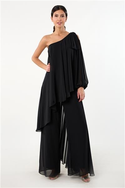 Nevilio Tek Kol Omuz Aksesuar Detaylı Abiye Tulum SİYAH