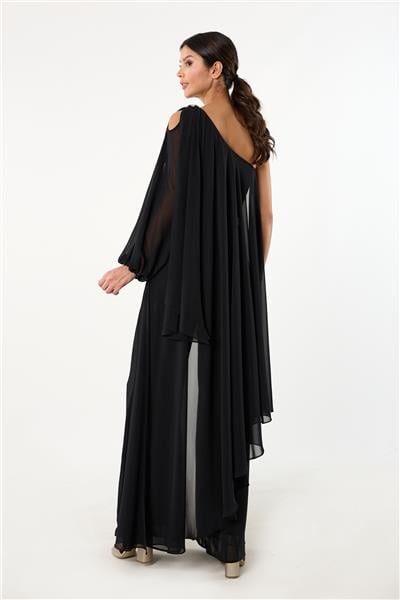Nevilio Tek Kol Omuz Aksesuar Detaylı Abiye Tulum SİYAH