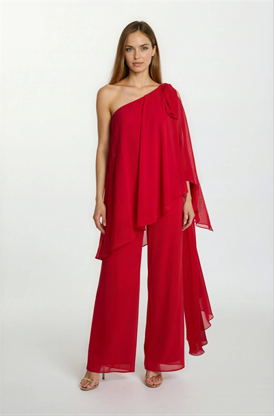Nevilio Tek Kol Omuz Aksesuar Detaylı Abiye Tulum KIRMIZI