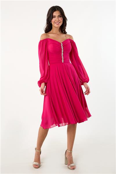 Nicasiai V Yaka Taş Aksesuarlı Göğüs Drapeli Midi Abiye Elbise FUŞYA