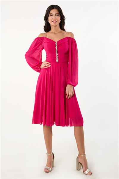 Nicasiai V Yaka Taş Aksesuarlı Göğüs Drapeli Midi Abiye Elbise FUŞYA