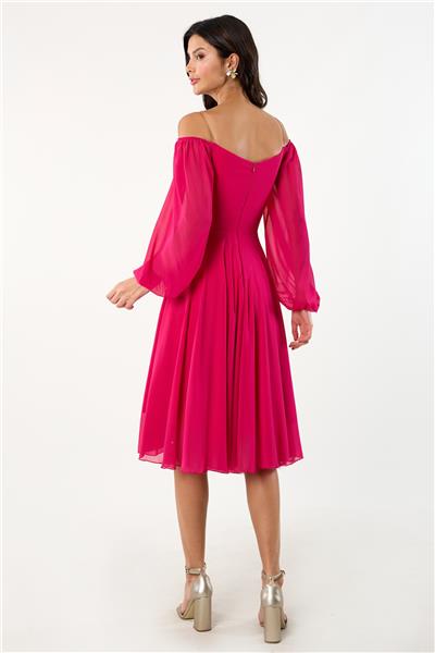 Nicasiai V Yaka Taş Aksesuarlı Göğüs Drapeli Midi Abiye Elbise FUŞYA