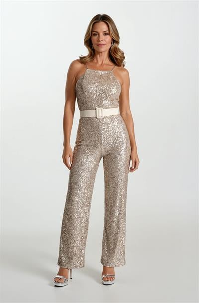 Nicholson İnce Çapraz Askılı Kemerli Pullu Abiye Tulum GOLD