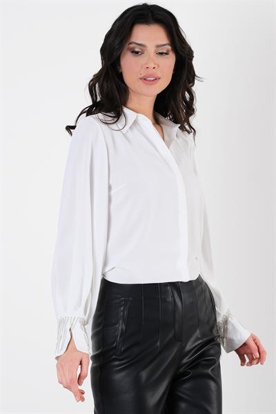 Nietta Manşetleri Taş Detaylı Erkek Yaka Salaş Gömlek EKRU