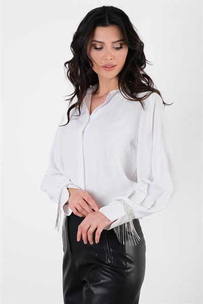 Nietta Manşetleri Taş Detaylı Erkek Yaka Salaş Gömlek EKRU