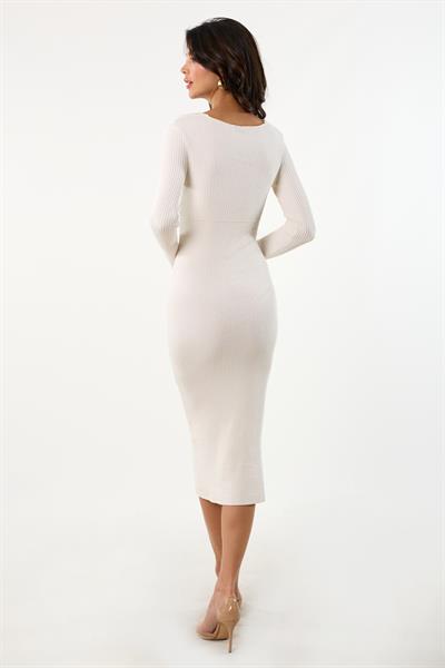 Odinea Kruvaze Yaka Fitilli Triko Elbise KREM