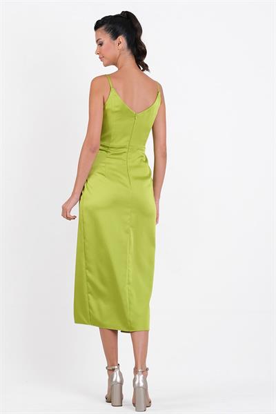 Odoardo İnce Askılı Kruvaze Asimetrik Midi Abiye Elbise YEŞİL