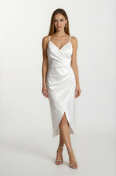 Odoardo İnce Askılı Kruvaze Asimetrik Midi Abiye Elbise EKRU