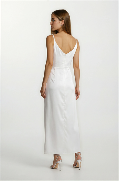 Odoardo İnce Askılı Kruvaze Asimetrik Midi Abiye Elbise EKRU