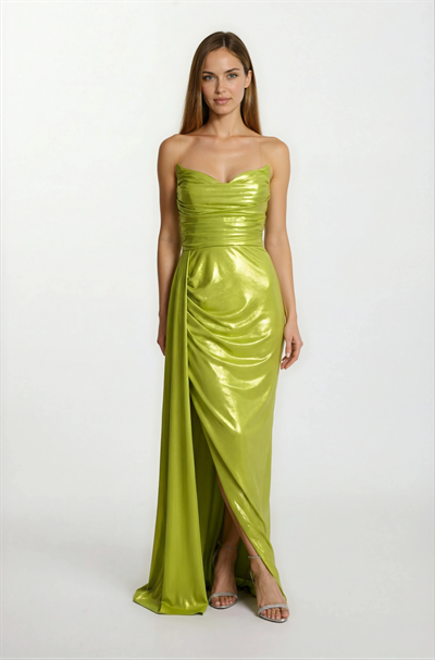 Odobella Kalp Yaka Straplez Anvelop Uzun Abiye Elbise FISTIK YEŞİL