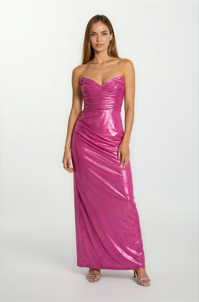 Odobella Kalp Yaka Straplez Anvelop Uzun Abiye Elbise FUŞYA