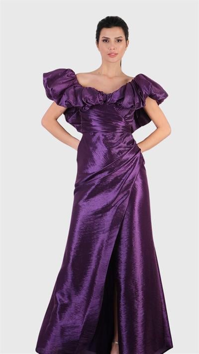 Oleandro Kayık Yaka Omuz Açık Uzun Abiye Elbise MOR