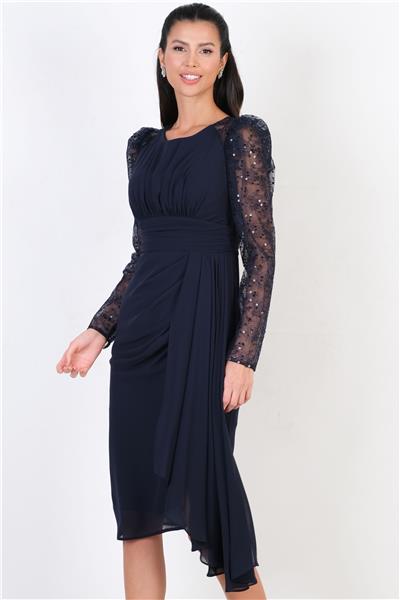Ombra Kol Tül Beli Drapeli Midi Abiye Elbise LACİVERT