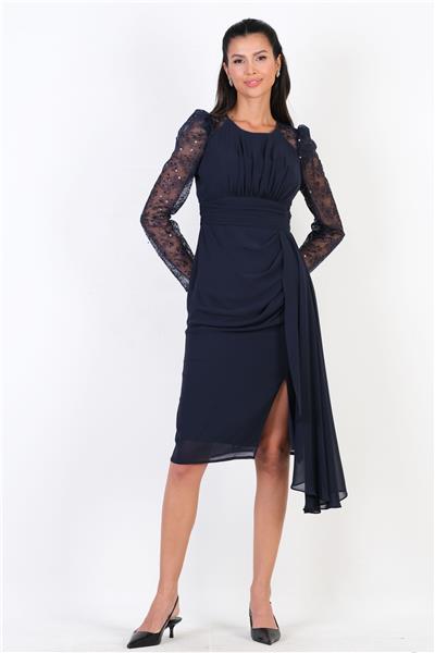 Ombra Kol Tül Beli Drapeli Midi Abiye Elbise LACİVERT